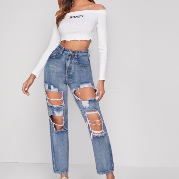 SHEIN Denim - Shein High Waisted Distressed Slant Pocket Baggy Jeans